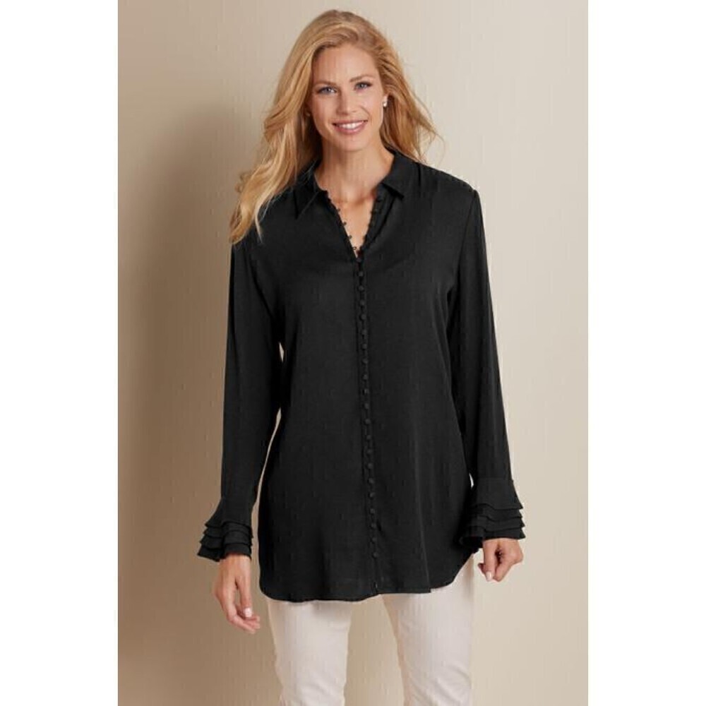 Soft Surroundings Poet Blouse Black Button Front Ruffle Sleeve Tunic L
